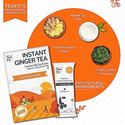 TeaFit Premium Zero Sugar Instant Ginger Tea Pack of 20 Sachets (280gm) | Ginger Tea Premix | Diabetic Friendly | Instant Milk Tea Premix | Ready to Drink | Instant Tea Premix | Tea Powder