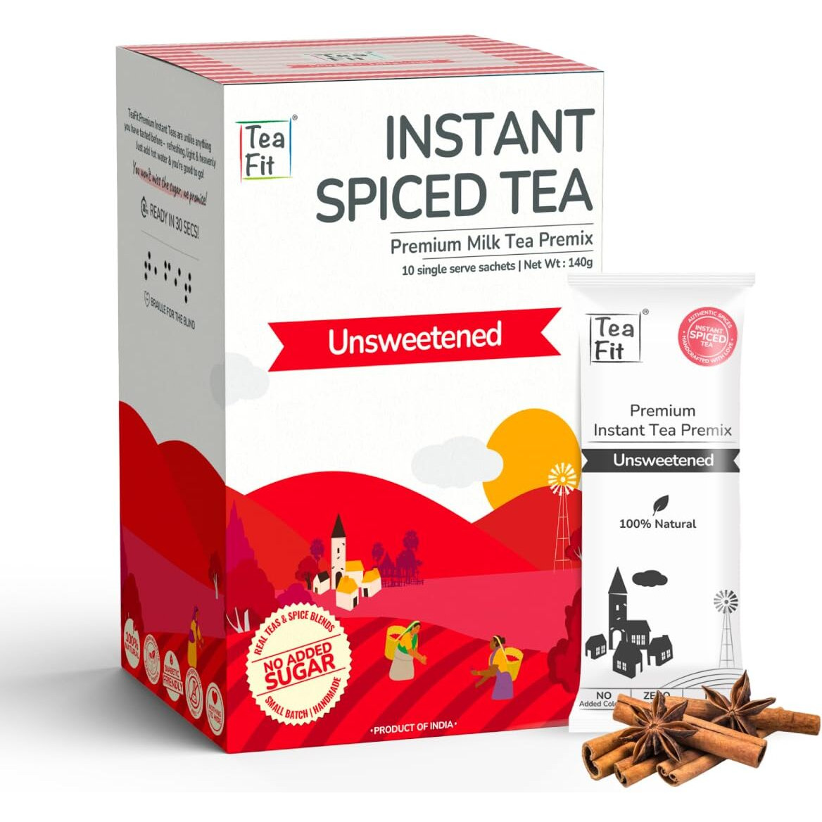 TeaFit Premium Unsweetened Masala Instant Tea Premix (20 Sachets)|Instant Milk Tea Premix|Strong Home Like Masala Chai Tea|280 Gram|Ready To Drink|Diabetic Friendly|No Added Artificial Sugar