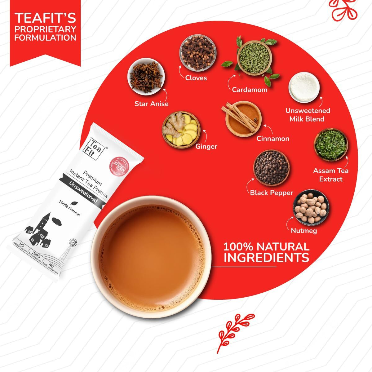 TeaFit Premium Unsweetened Masala Instant Tea Premix (20 Sachets)|Instant Milk Tea Premix|Strong Home Like Masala Chai Tea|280 Gram|Ready To Drink|Diabetic Friendly|No Added Artificial Sugar