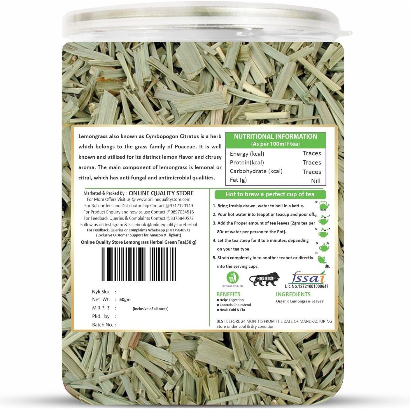 Online Quality Store Organic Lemongrass Herbal Tea - 50 Gm | Lemongrass Tea Leaves | Lemon Grass Herbal Green Tea