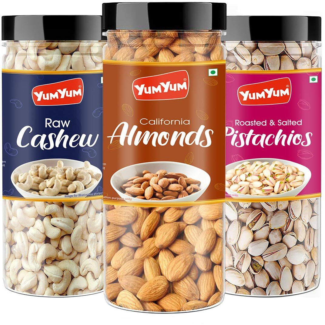 Yum Yum Premium Dry Fruits Combo Pack Of 3 | California Almonds 150G, Whole Cashew Nut 150G, Roasted Salted Pistachios Nut 150G | Total 450G | Badam, Kaju, Pista Dry Fruit Combo