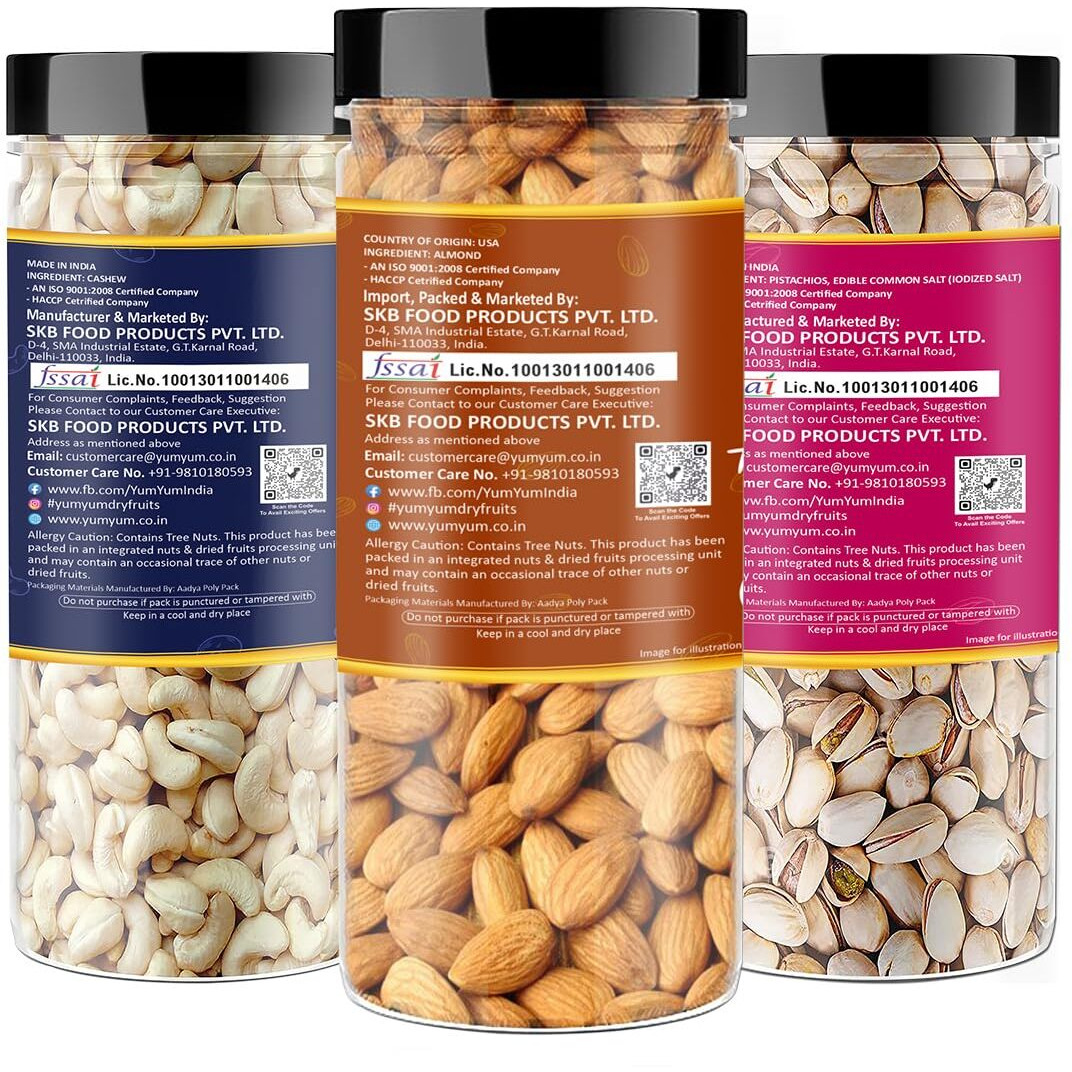 Yum Yum Premium Dry Fruits Combo Pack Of 3 | California Almonds 150G, Whole Cashew Nut 150G, Roasted Salted Pistachios Nut 150G | Total 450G | Badam, Kaju, Pista Dry Fruit Combo