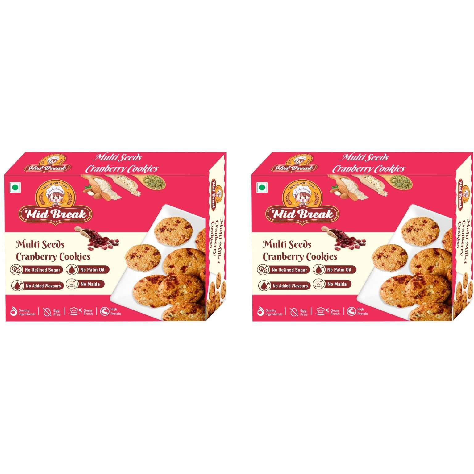 Midbreak Multi Seeds Cranberry Oats Cookies - Gluten-Free, No Refined Sugar, Made with Sorghum, Almond, and Oats Flour - Healthy, Nutritious, and Delicious | Pack of 2 | 400g