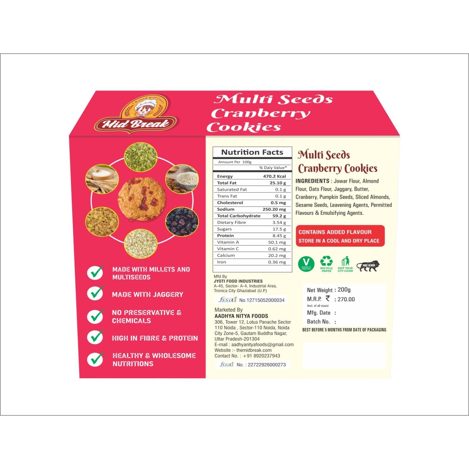 Midbreak Multi Seeds Cranberry Oats Cookies - Gluten-Free, No Refined Sugar, Made with Sorghum, Almond, and Oats Flour - Healthy, Nutritious, and Delicious | Pack of 2 | 400g