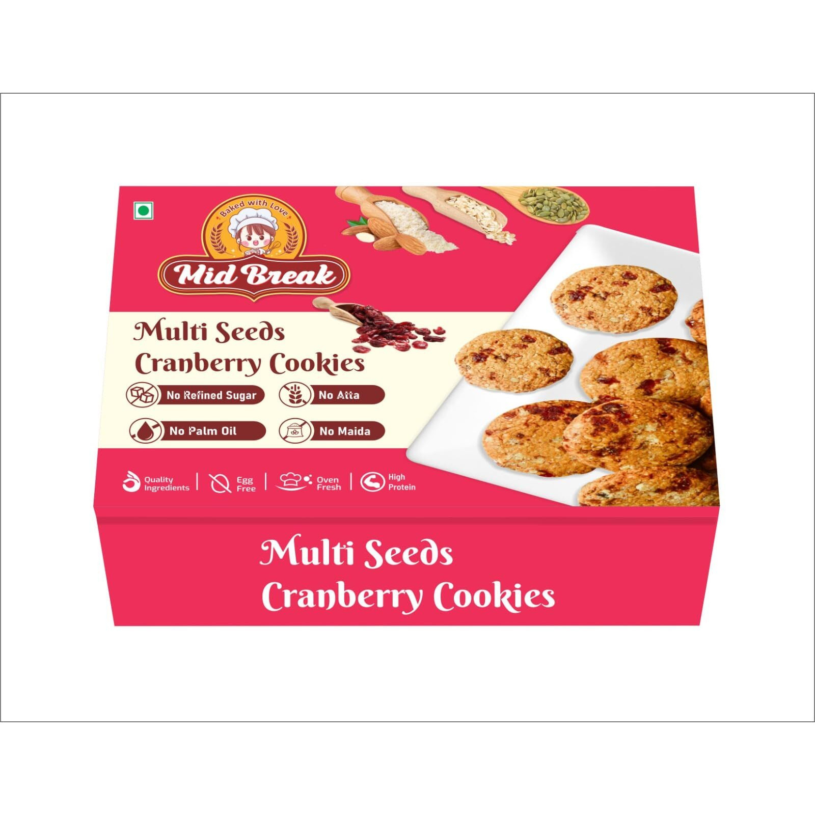 Midbreak Multi Seeds Cranberry Oats Cookies - Gluten-Free, No Refined Sugar, Made with Sorghum, Almond, and Oats Flour - Healthy, Nutritious, and Delicious | Pack of 2 | 400g