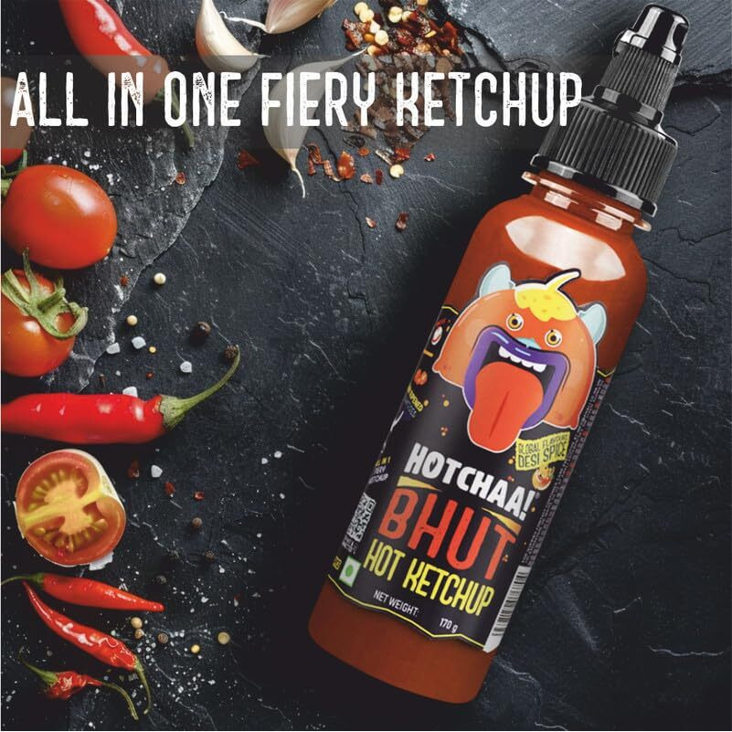HOTCHAA Bhut Hot Ketchup 170g - New Launch with Bhut Jalokia, Smoky, Bold, Tangy, All in 1, Flavourful, Small Batch Production using Premium Ingredients, NO MSG, Vegan, No Oil