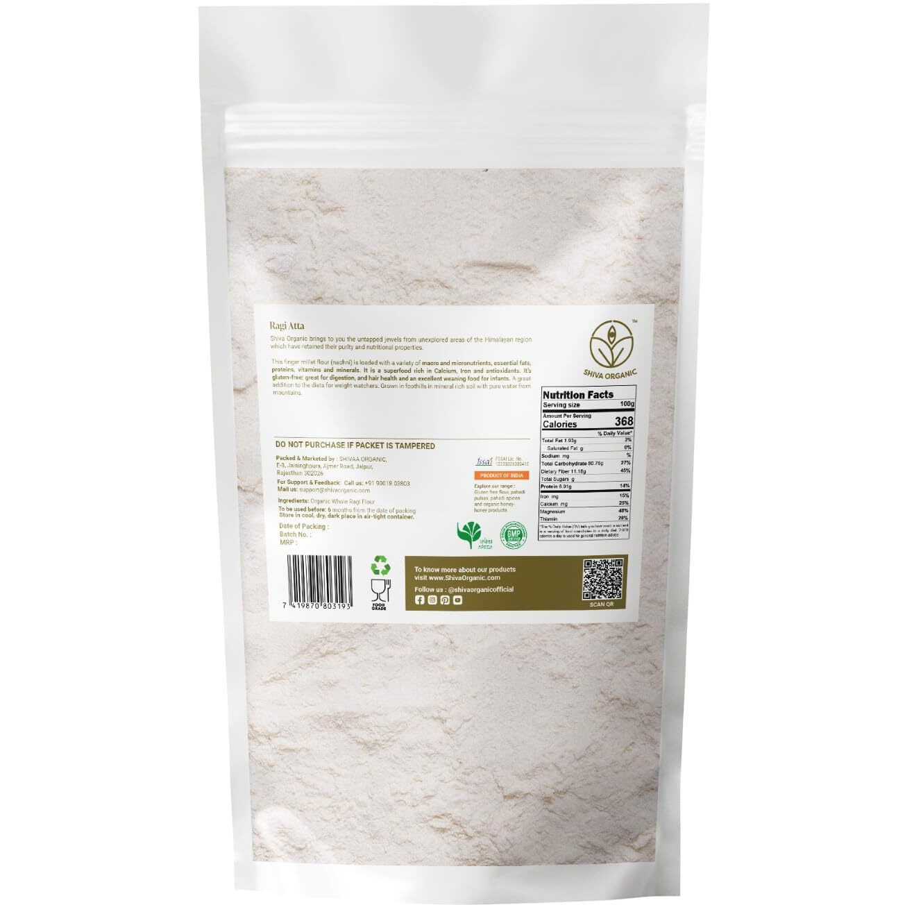 Shiva Organic Unpolished Ragi Flour, 3 kg |100% Natural | Finger Millet Flour | Nachni Atta | Kelvaragu Flour | Rich in Calcium & Protein