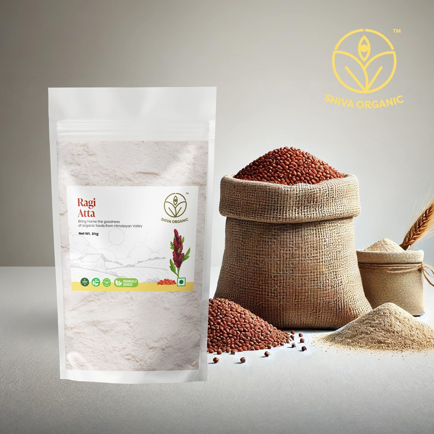 Shiva Organic Unpolished Ragi Flour, 3 kg |100% Natural | Finger Millet Flour | Nachni Atta | Kelvaragu Flour | Rich in Calcium & Protein