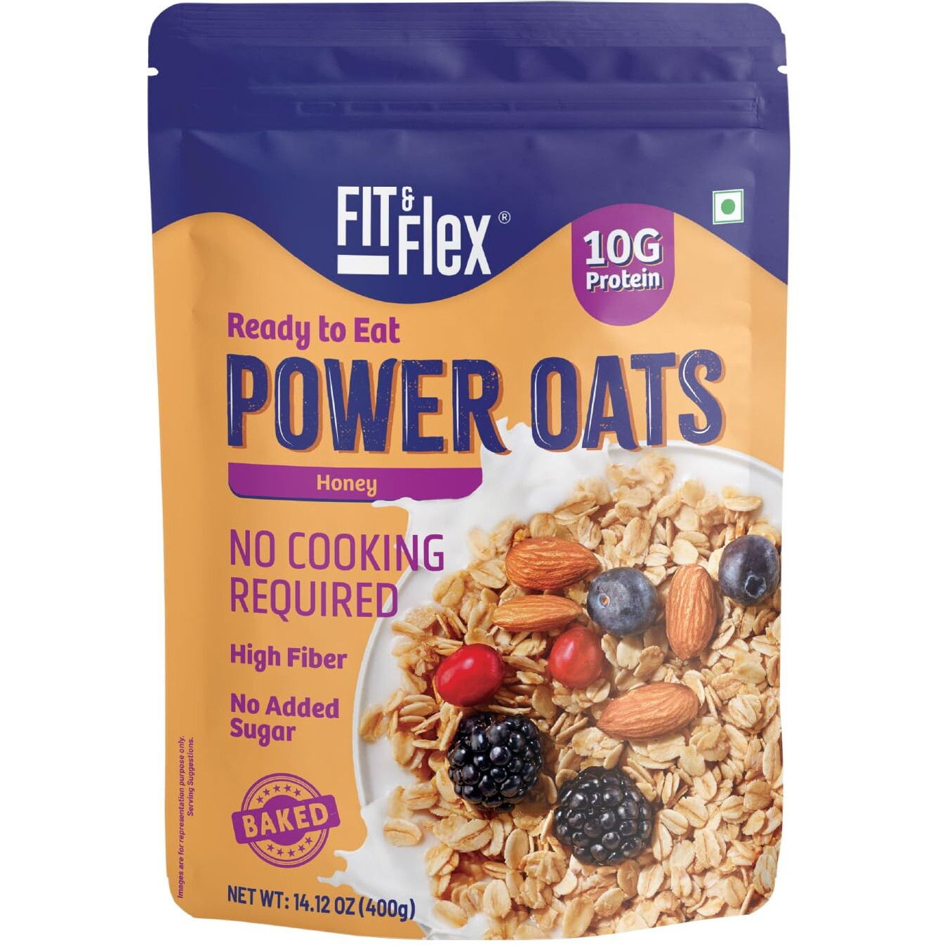 FIT & FLEX High Protein Ready To Eat Baked Honey Oats, Zero Sugar, Gluten Free & Preservative Free - As Seen on Shark Tank India - (400 g) Pack of 1