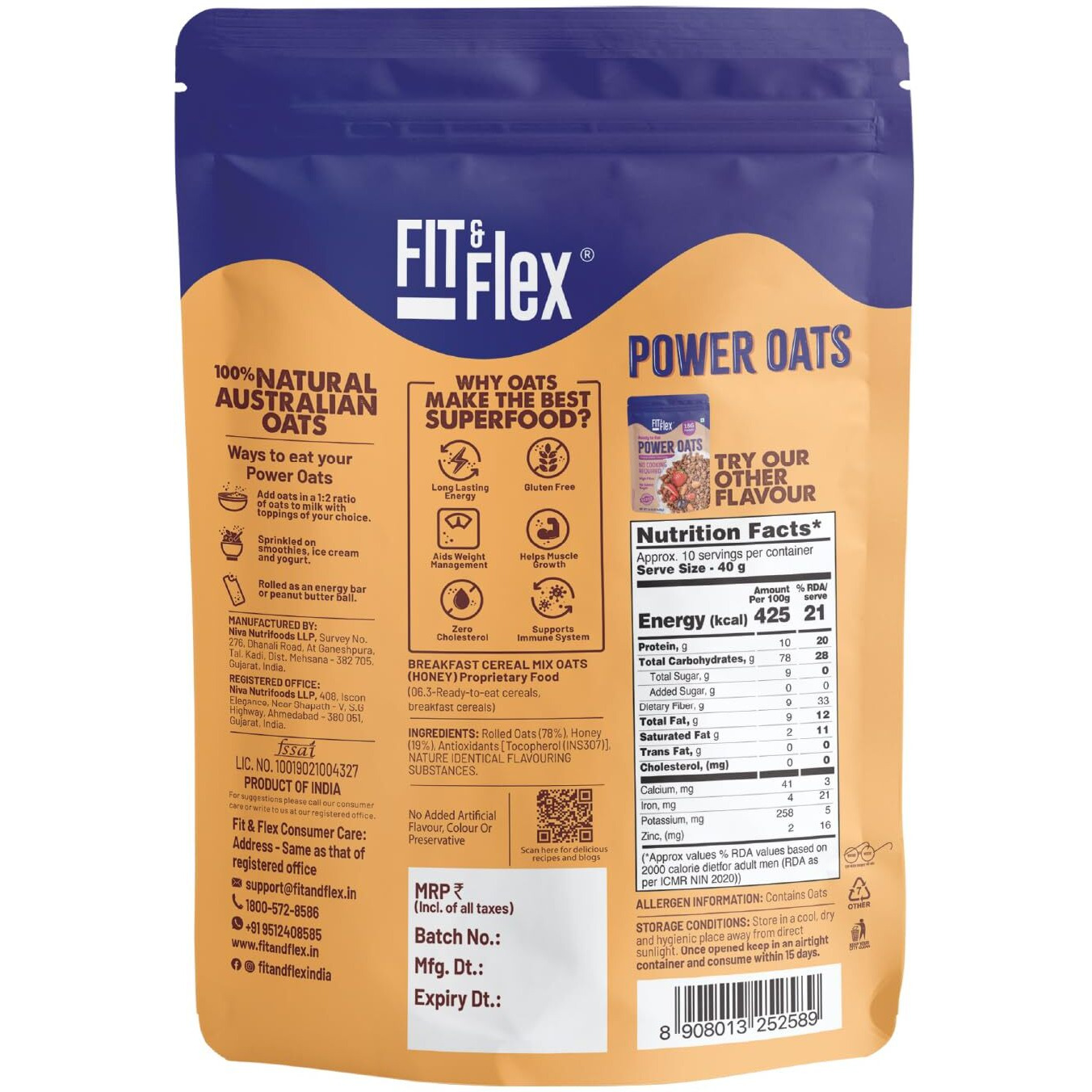 FIT & FLEX High Protein Ready To Eat Baked Honey Oats, Zero Sugar, Gluten Free & Preservative Free - As Seen on Shark Tank India - (400 g) Pack of 1