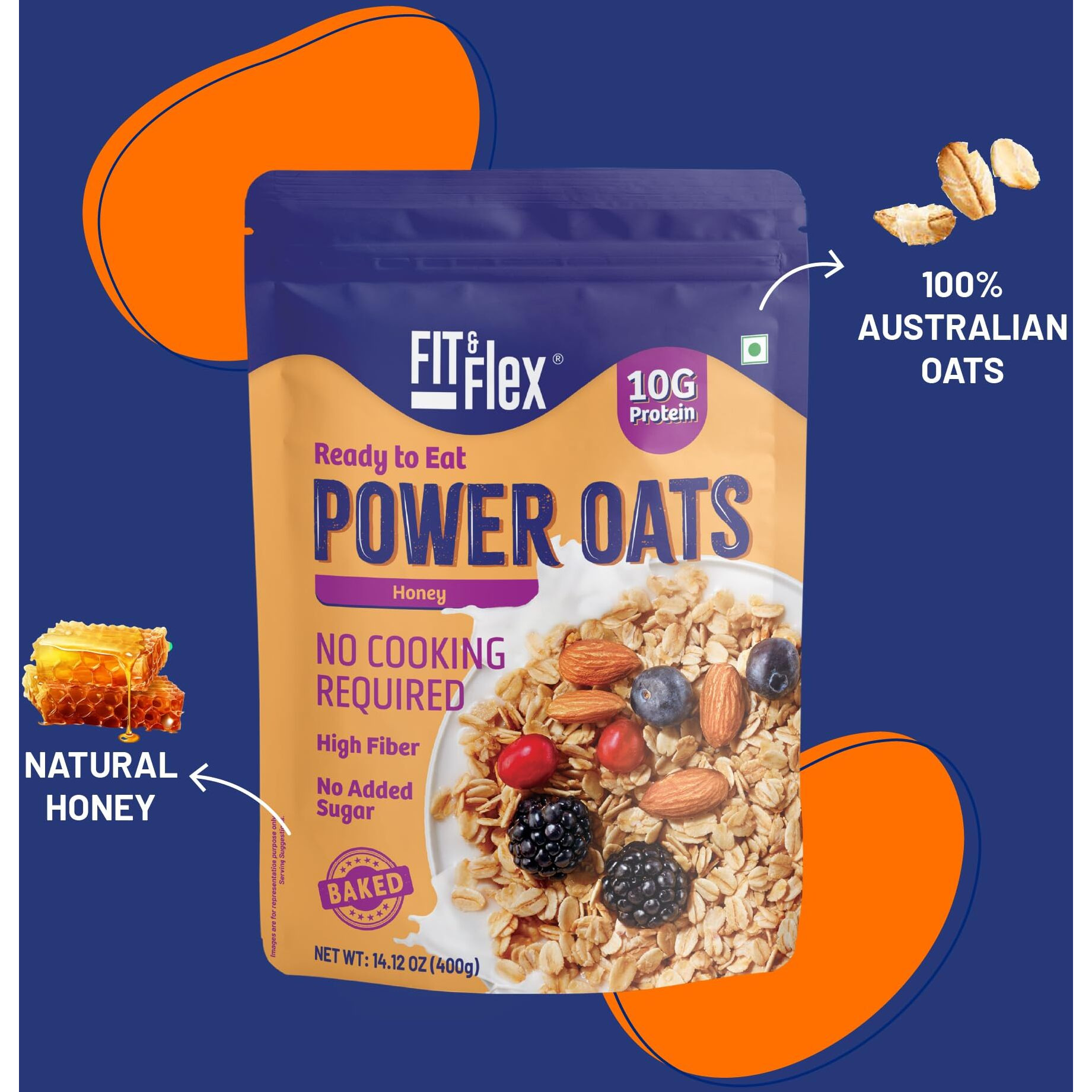 FIT & FLEX High Protein Ready To Eat Baked Honey Oats, Zero Sugar, Gluten Free & Preservative Free - As Seen on Shark Tank India - (400 g) Pack of 1