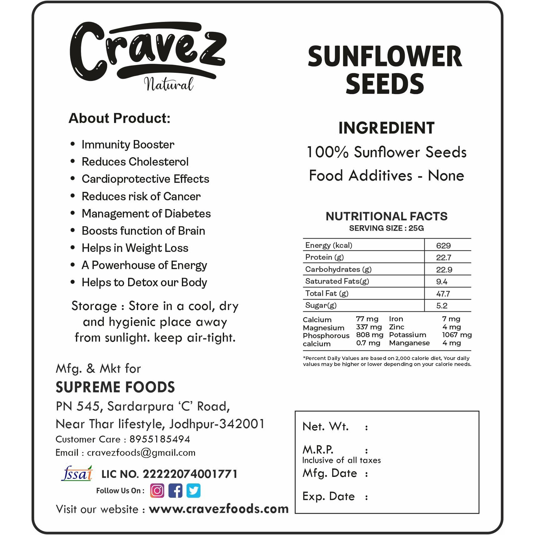Cravez Sunflower Seeds - 1kg Premium Raw Seeds | Seeds for Weight Loss | Diet Food | Seeds for Hair Growth | Rich in Fibre and Omega 3 | Rich in Protein | Healthy Snacks