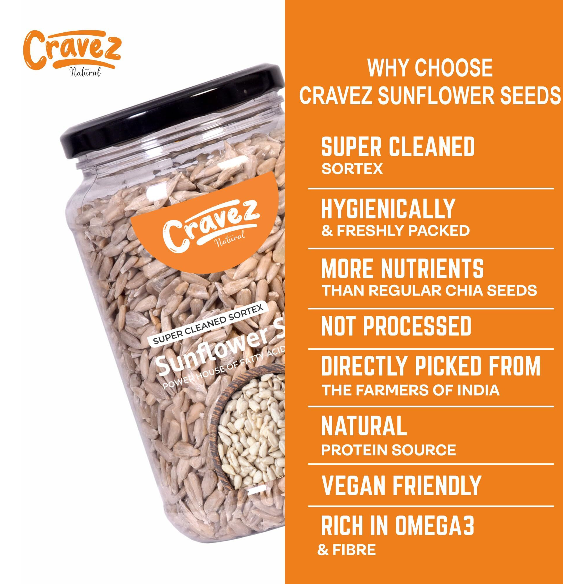 Cravez Sunflower Seeds - 1kg Premium Raw Seeds | Seeds for Weight Loss | Diet Food | Seeds for Hair Growth | Rich in Fibre and Omega 3 | Rich in Protein | Healthy Snacks