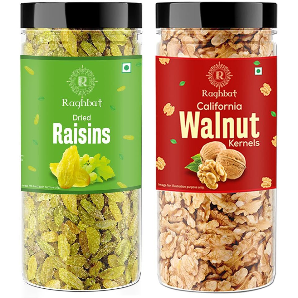 Raghbat Dry Fruits 500g Combo Pack - Raisin 250g, Akhrot Giri 250g Jar Each -Raisin, Walnuts
