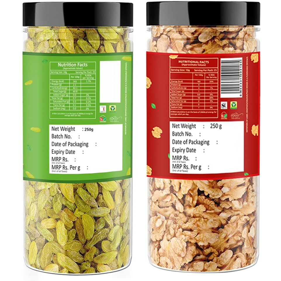 Raghbat Dry Fruits 500g Combo Pack - Raisin 250g, Akhrot Giri 250g Jar Each -Raisin, Walnuts