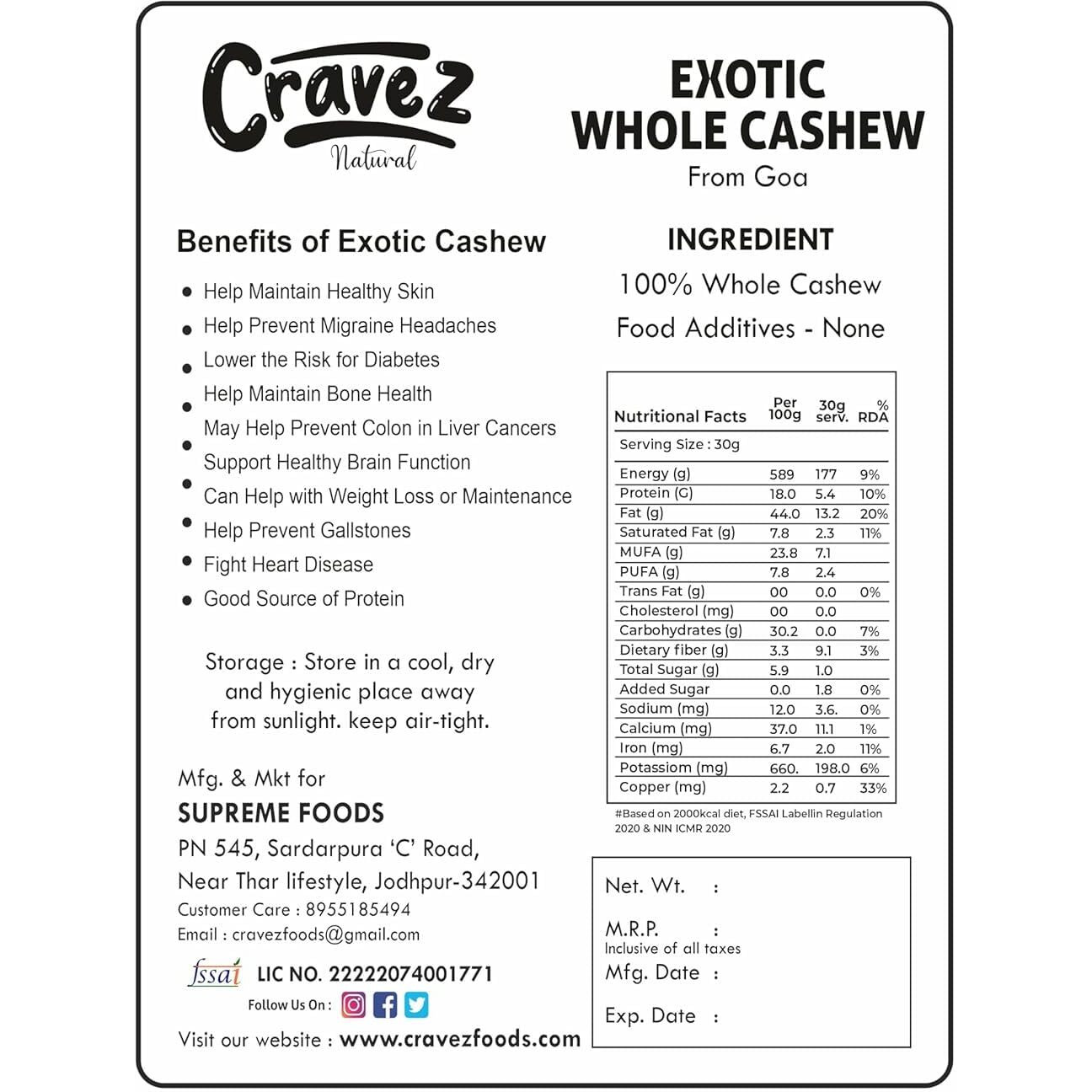 Cravez Exotic Jumbo Goa Cashews - 250gm, Bold & Sweet | 100% Natural White Cashews | Cashew Dry Fruit | Kaju | Cashews Nut | No Preservatives | No Additives | Healthy Snacks