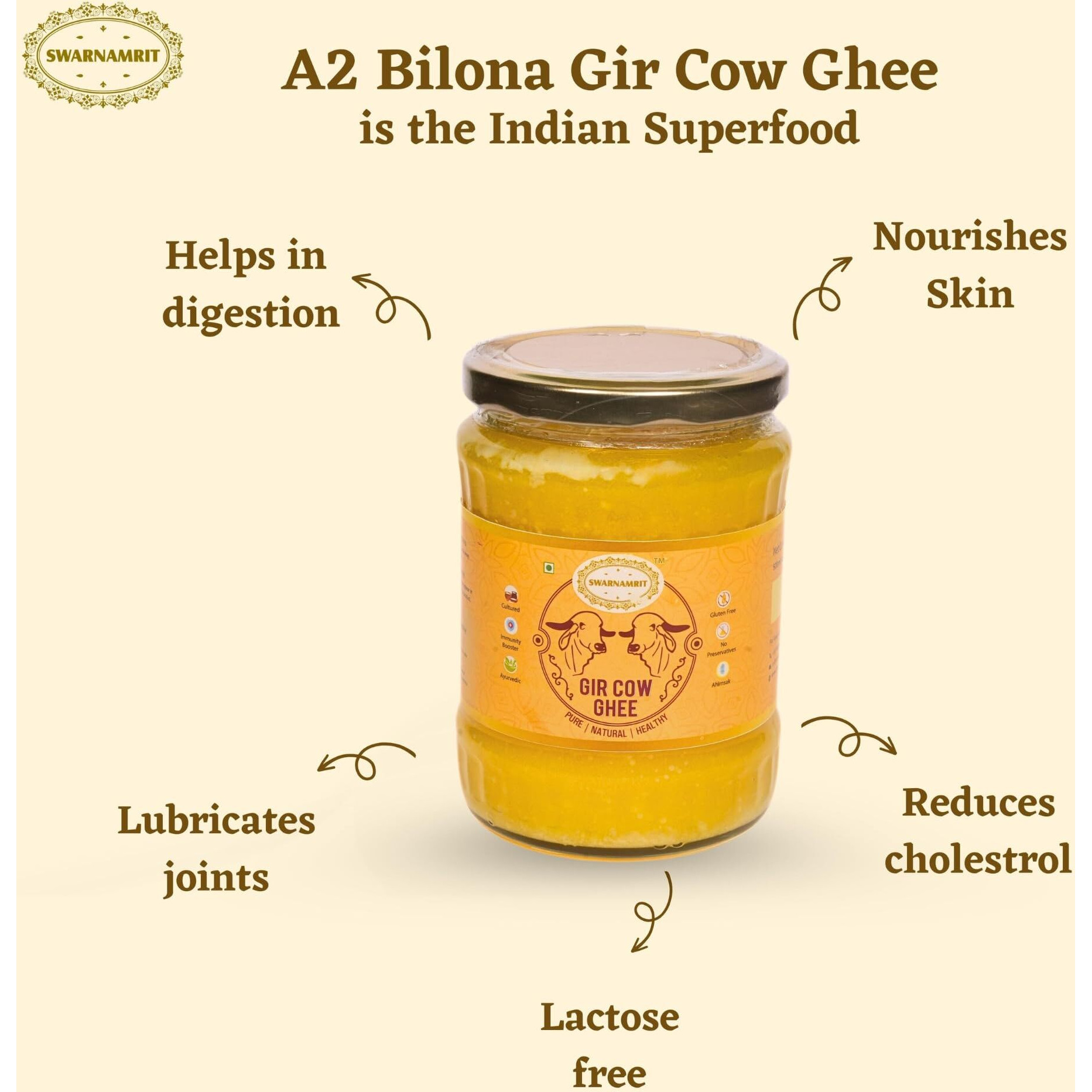 SWARNAMRIT Organic A2 Bilona Gir Cow Ghee|500 Ml|Traditional Bilona Method|Cultured|Premium|Immunity Booster|Pure|Natural|Healthy|Fresh|Lactose&Gluten Free|Keto Friendly|Glass Bottle
