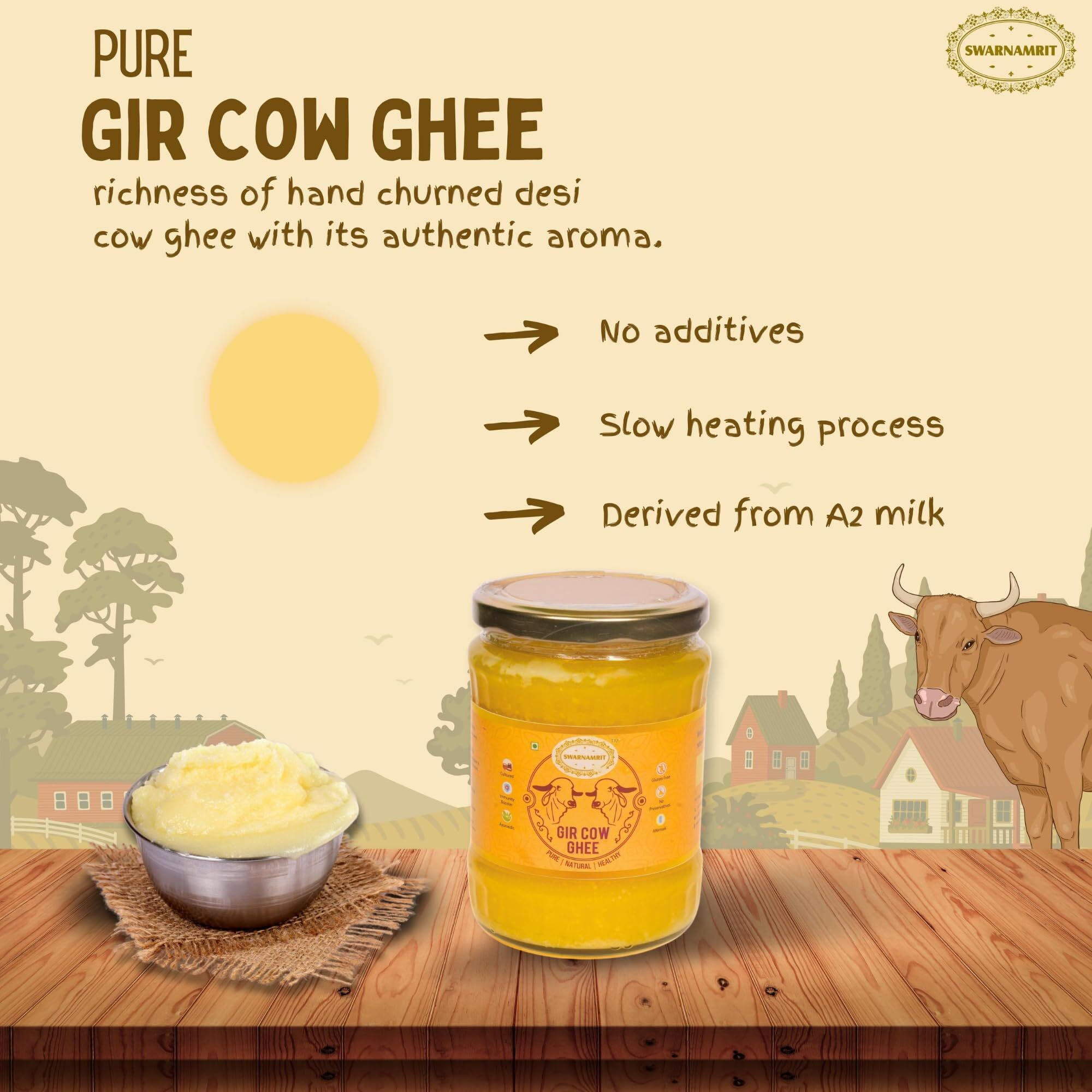 SWARNAMRIT Organic A2 Bilona Gir Cow Ghee|500 Ml|Traditional Bilona Method|Cultured|Premium|Immunity Booster|Pure|Natural|Healthy|Fresh|Lactose&Gluten Free|Keto Friendly|Glass Bottle