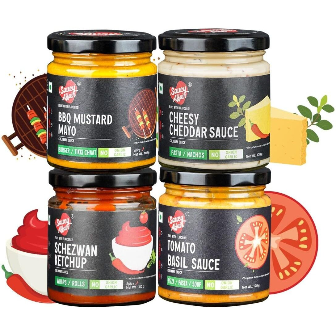 Saucy Affair No Onion No Garlic Sauce | Jain Sauce | Jain Food No Onion No Garlic | Sauce Combo | Ready To Eat - Set Of 4 - 1 Kg 480 G