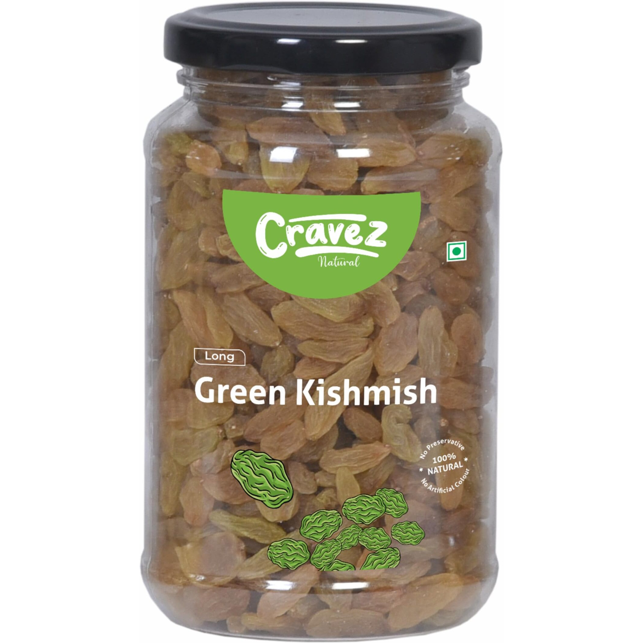 cravez Seedless Green Raisins 500 Gm|Kishmish|Nutritious Dried Grapes|Rich In Iron|100% Natural|No Preservatives|No Additives|Healthy Snacks