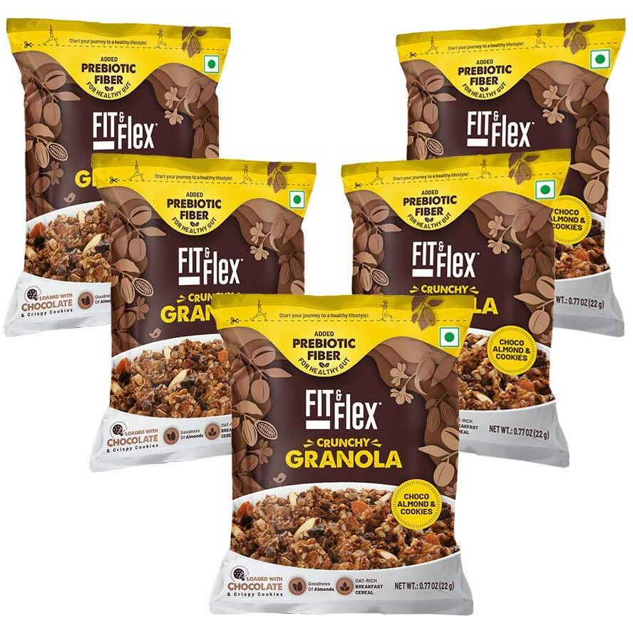 Fit & Flex Baked Chocolate Cookies & Almond granola | Oat Rich Cereal With High Protein And Fibre | Ready To Eat Healthy Breakfast Food | As Seen on Shark Tank India | 22g X 12 (Pack Of 12)
