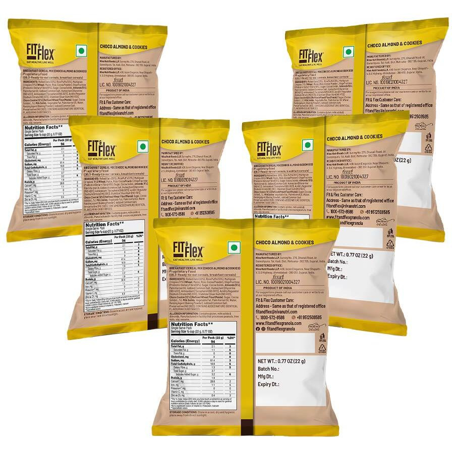 Fit & Flex Baked Chocolate Cookies & Almond granola | Oat Rich Cereal With High Protein And Fibre | Ready To Eat Healthy Breakfast Food | As Seen on Shark Tank India | 22g X 12 (Pack Of 12)