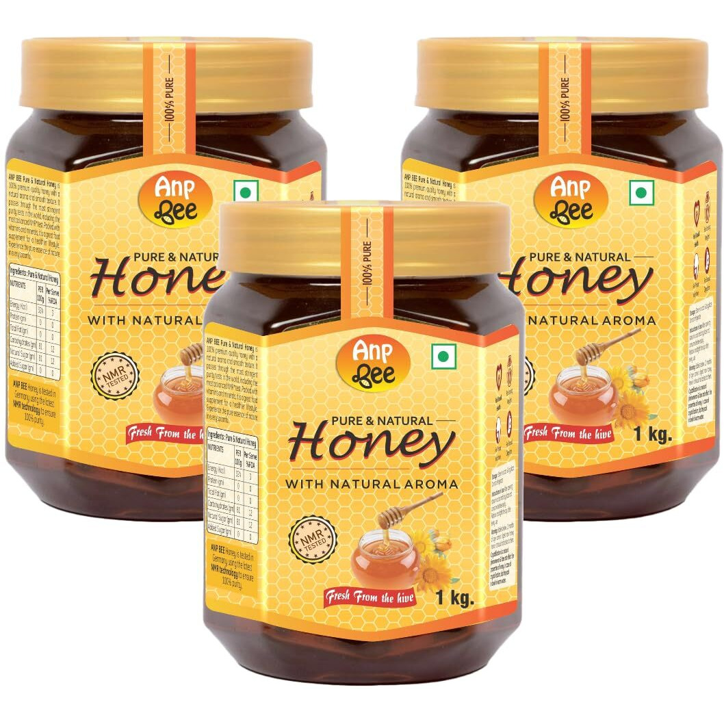 ANP BEE 100% Pure, Raw Unpasteurized Natural Honey 1Kg I Complies with 22 Rigorous FSSAI Quality Checks I NMR Tested Honey Raw 1 Kg I No Sugar Adulteration I Natural Immunity Booster for Adults & Kids I Pack of 3
