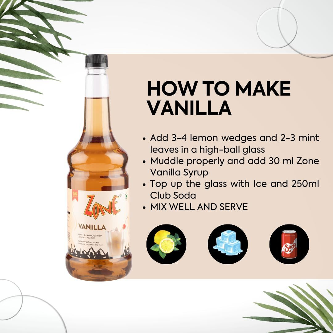 Zone Vanilla Syrup 1050ml | Sweet & Creamy Vanilla Flavor for Mochas, Smoothies, Shakes & More | 35+ Flavours