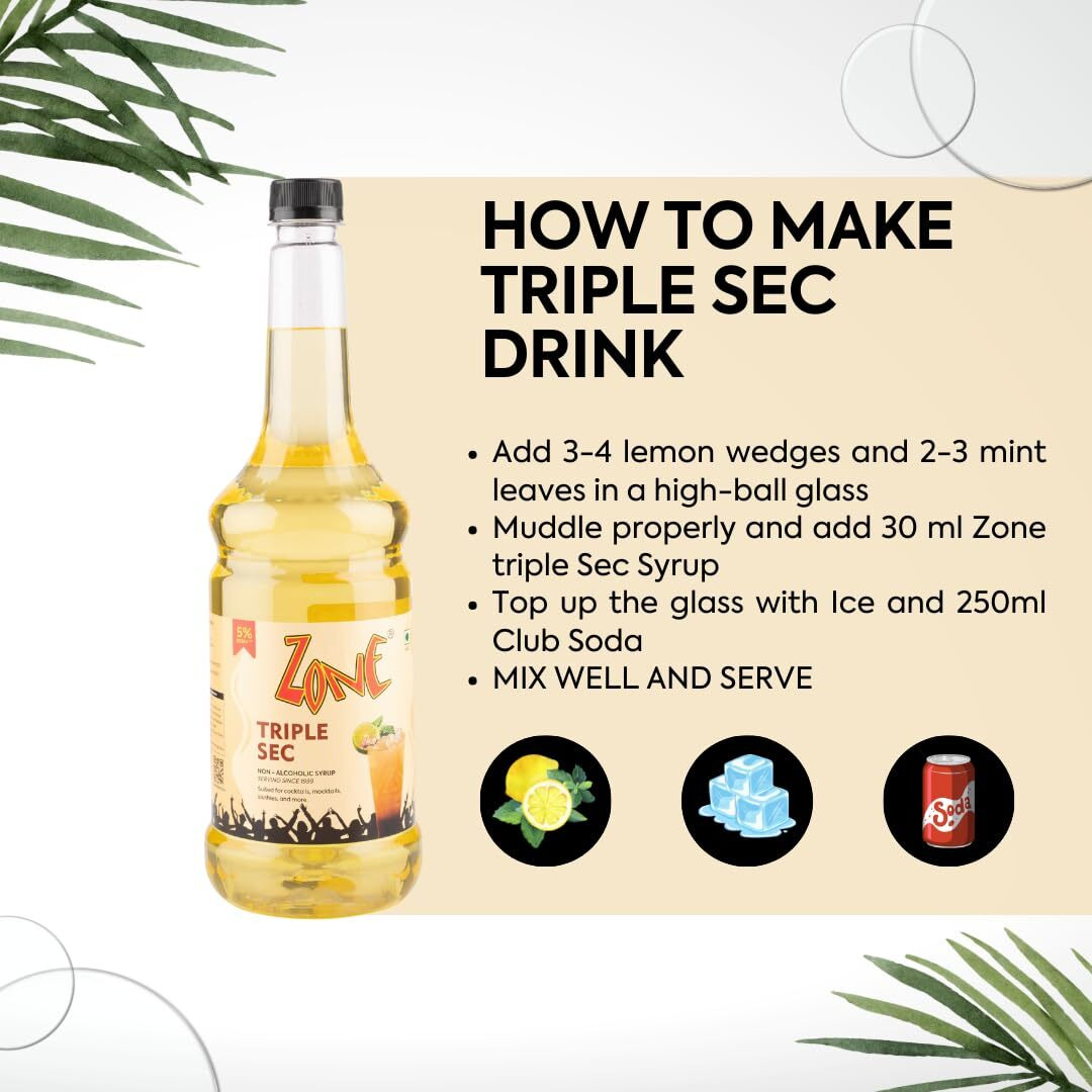 Zone Triple Sec Syrup 1050ml | Pure Citrus Flavor for Mocktails, Cocktails, Lemonades, Iced Teas & More | 35+ Flavours