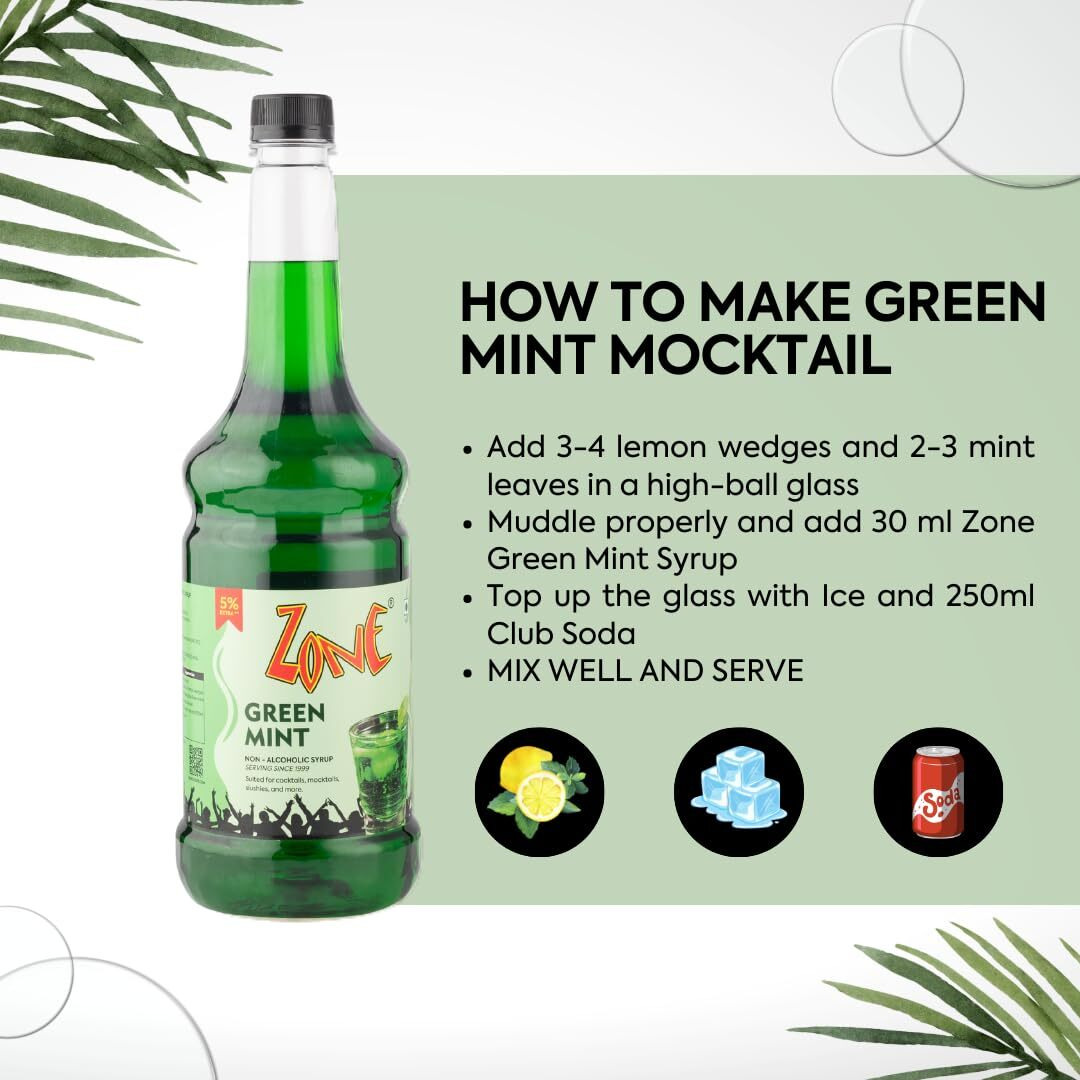 Zone Green Mint Syrup 1050ml | Pure Green Mint Flavor for Mocktails, Cocktails, Lemonades, Iced Teas & More | 35+ Flavours