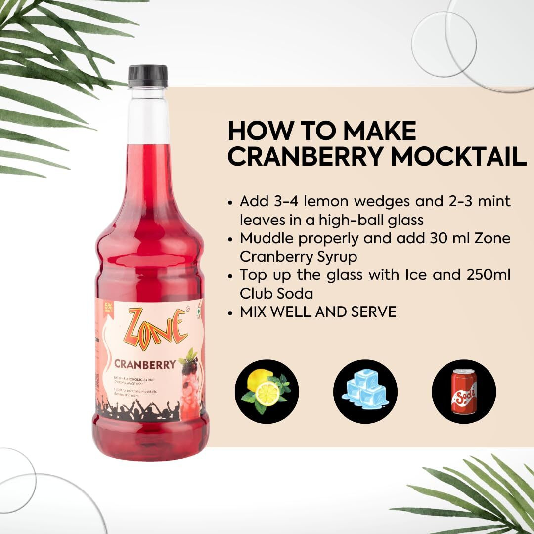 Zone Cranberry Syrup 1050ml | Fruity Flavor of Cranberry for Mocktails, Cocktails, Lemonades, Iced Teas & More | 35+ Flavours