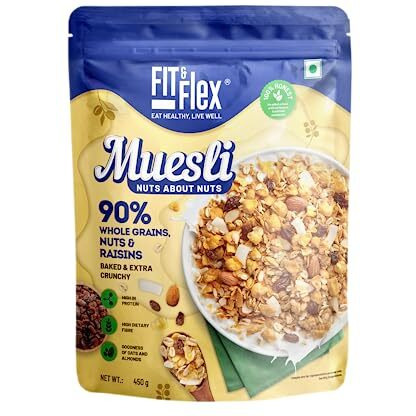FIT & FLEX Baked And Healthy Rich Cereal Muesli | Oat Rich Cereal With High Protein | Ready To Eat Breakfast Cereal, Nuts About Nuts - 450 Gm (Pack Of 1)