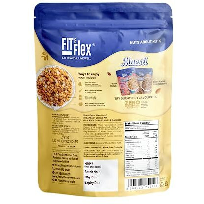 FIT & FLEX Baked And Healthy Rich Cereal Muesli | Oat Rich Cereal With High Protein | Ready To Eat Breakfast Cereal, Nuts About Nuts - 450 Gm (Pack Of 1)