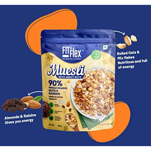 FIT & FLEX Baked And Healthy Rich Cereal Muesli | Oat Rich Cereal With High Protein | Ready To Eat Breakfast Cereal, Nuts About Nuts - 450 Gm (Pack Of 1)