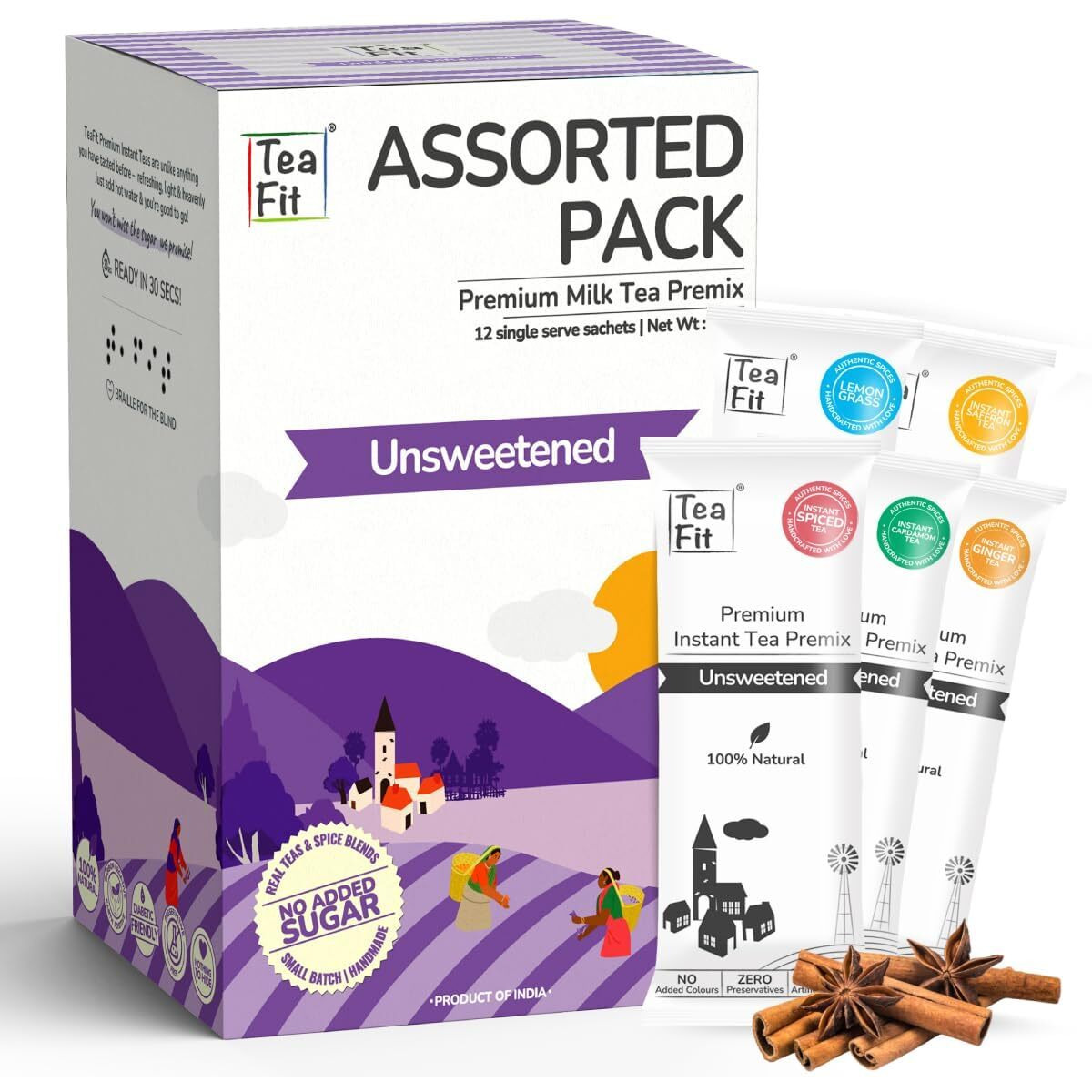 TeaFit Premium Zero Sugar Instant Assorted Tea Pack Of 10 Sachets | Ginger-Cardamom-Masala-Saffron-Lemongrass Instant Milk Tea Premix | Diabetic Friendly | Instant Tea Premix | Tea Powder, 180 Gram