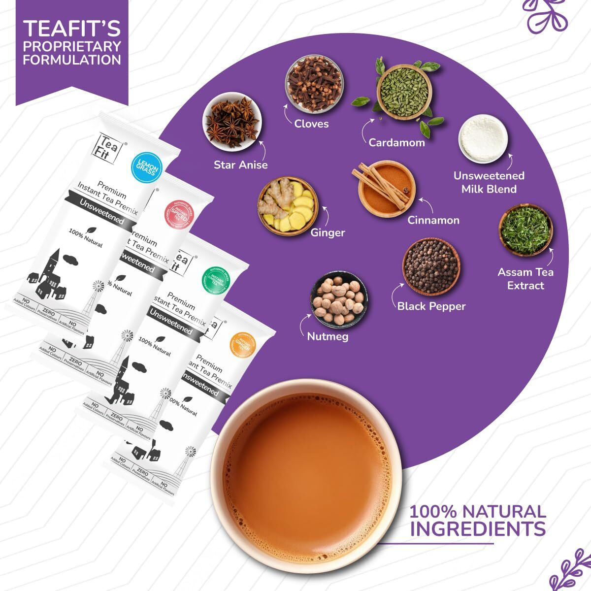 TeaFit Premium Zero Sugar Instant Assorted Tea Pack Of 10 Sachets | Ginger-Cardamom-Masala-Saffron-Lemongrass Instant Milk Tea Premix | Diabetic Friendly | Instant Tea Premix | Tea Powder, 180 Gram