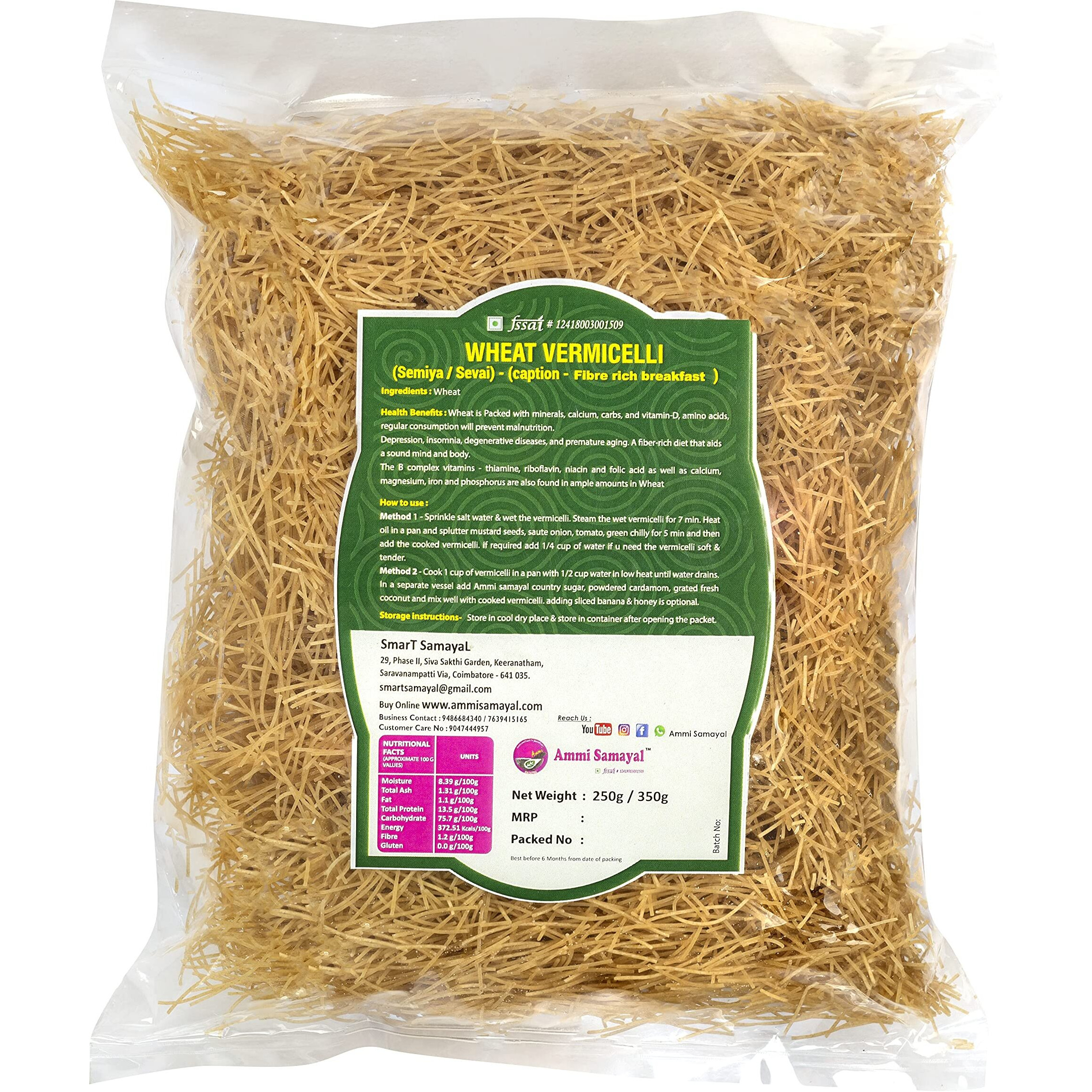 Ammi Samayal Wheat Vermicelli (Semia) | Premium And Organic Sevai | Gehoon Semia | Roasted Pantry Semiya | Fiber-Rich Breakfast | Pack -1 | 350 Gram, No Artificial Colours