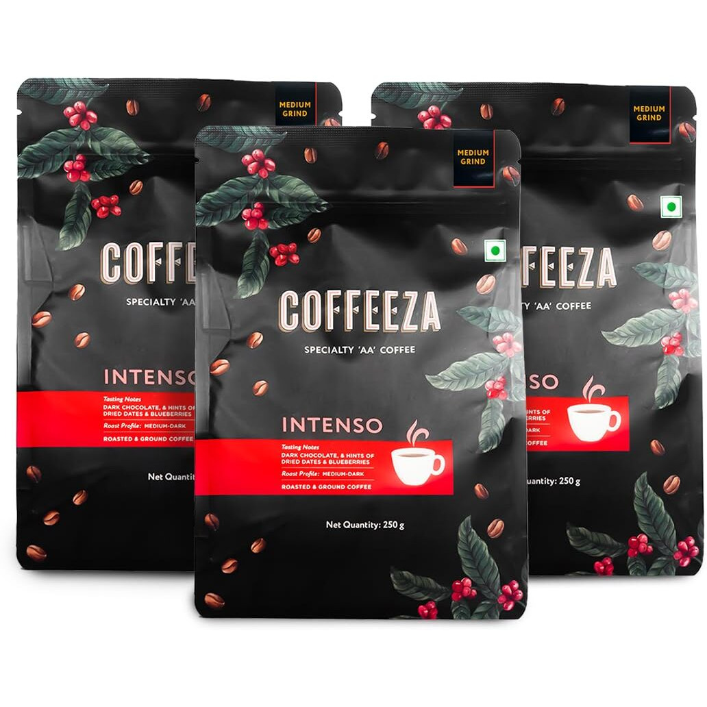 Coffeeza Intenso Ground Coffee | Medium Grind (Pour-Over, Aeropress & Filter Coffee) | Premium Grade, Medium-Dark Roasted Ground Coffee | Pack of 3X 250gm