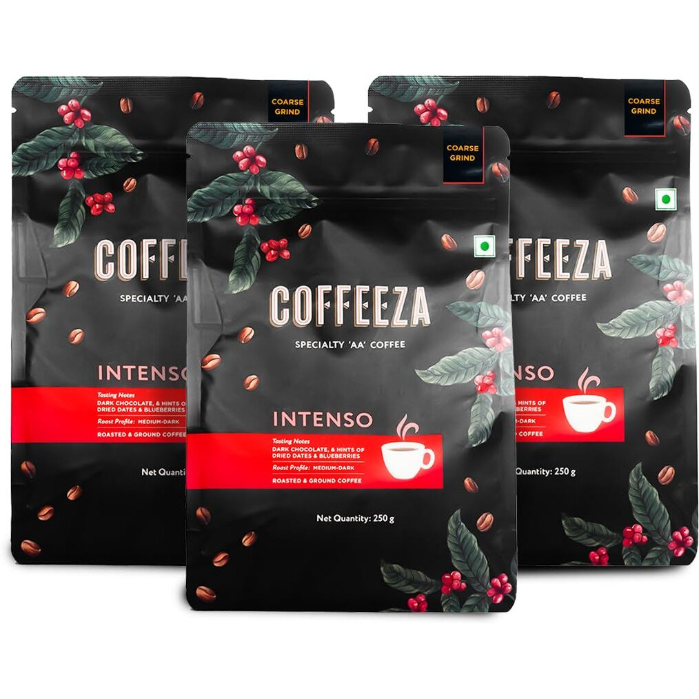 COFFEEZA Intenso Ground Coffee | Coarse Grind (French Press) | Medium-Dark Roasted Ground Coffee - Speciality Grade Ground Coffee Pack Of 3X 250Gm Packet