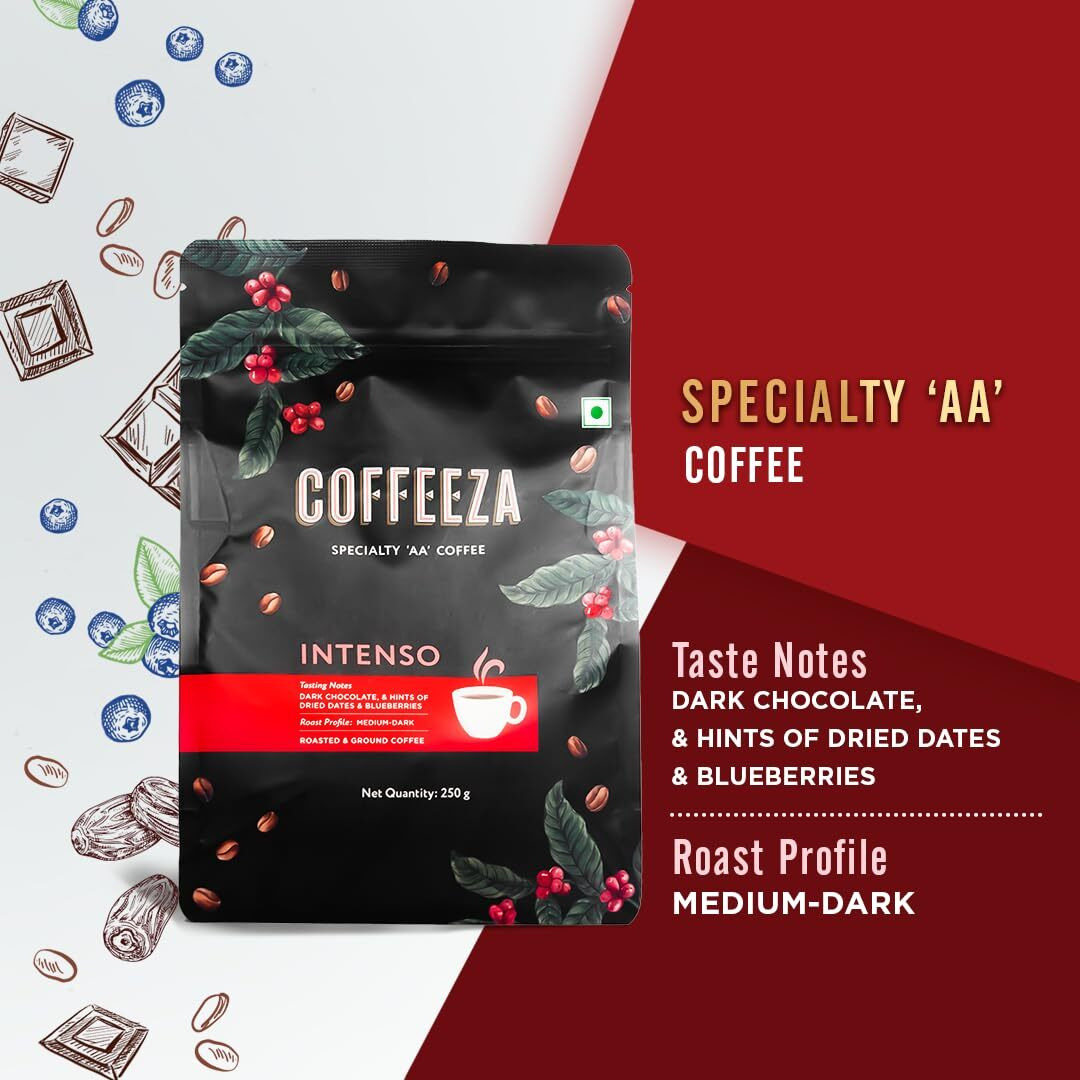 COFFEEZA Intenso Ground Coffee | Coarse Grind (French Press) | Medium-Dark Roasted Ground Coffee - Speciality Grade Ground Coffee Pack Of 3X 250Gm Packet