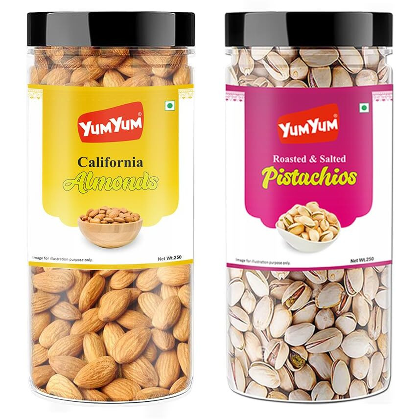 YUM YUM Premium Dry Fruits Combo Pack of 2 | California Almonds 250g, Roasted Salted Pistachios 250g | Total 500 g | Healthy Dry Fruits Snacks | Pista, Badam, Dry Fruit Combo