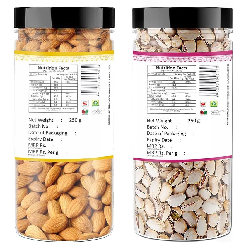 YUM YUM Premium Dry Fruits Combo Pack of 2 | California Almonds 250g, Roasted Salted Pistachios 250g | Total 500 g | Healthy Dry Fruits Snacks | Pista, Badam, Dry Fruit Combo