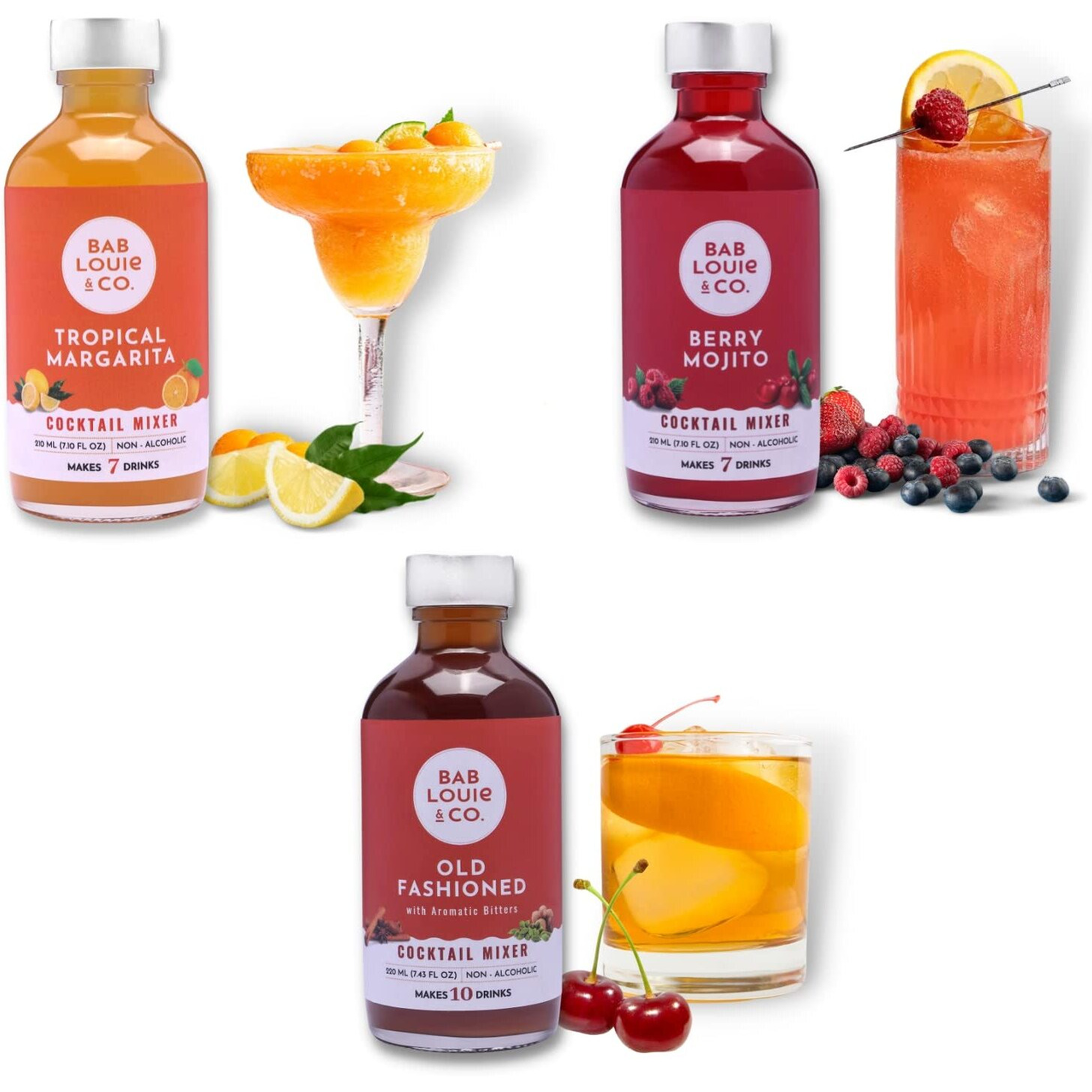 Bab Louie & Co. Cocktail Mix, Old Fashioned, Berry Mojito & Tropical Margarita, 100% Natural, Cocktail and Mocktail Syrup, Makes 7-10 Drinks (Pack of 3)