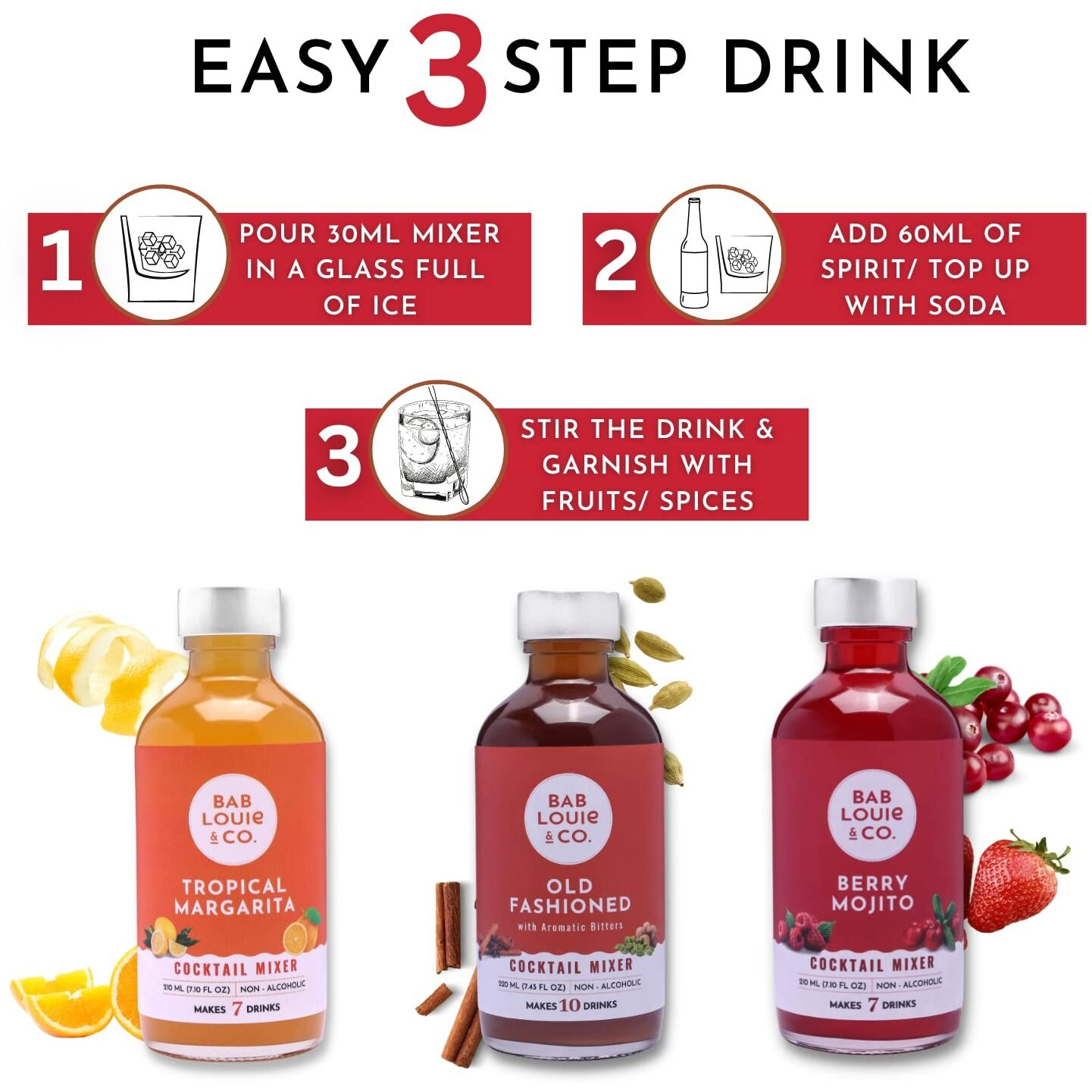Bab Louie & Co. Cocktail Mix, Old Fashioned, Berry Mojito & Tropical Margarita, 100% Natural, Cocktail and Mocktail Syrup, Makes 7-10 Drinks (Pack of 3)