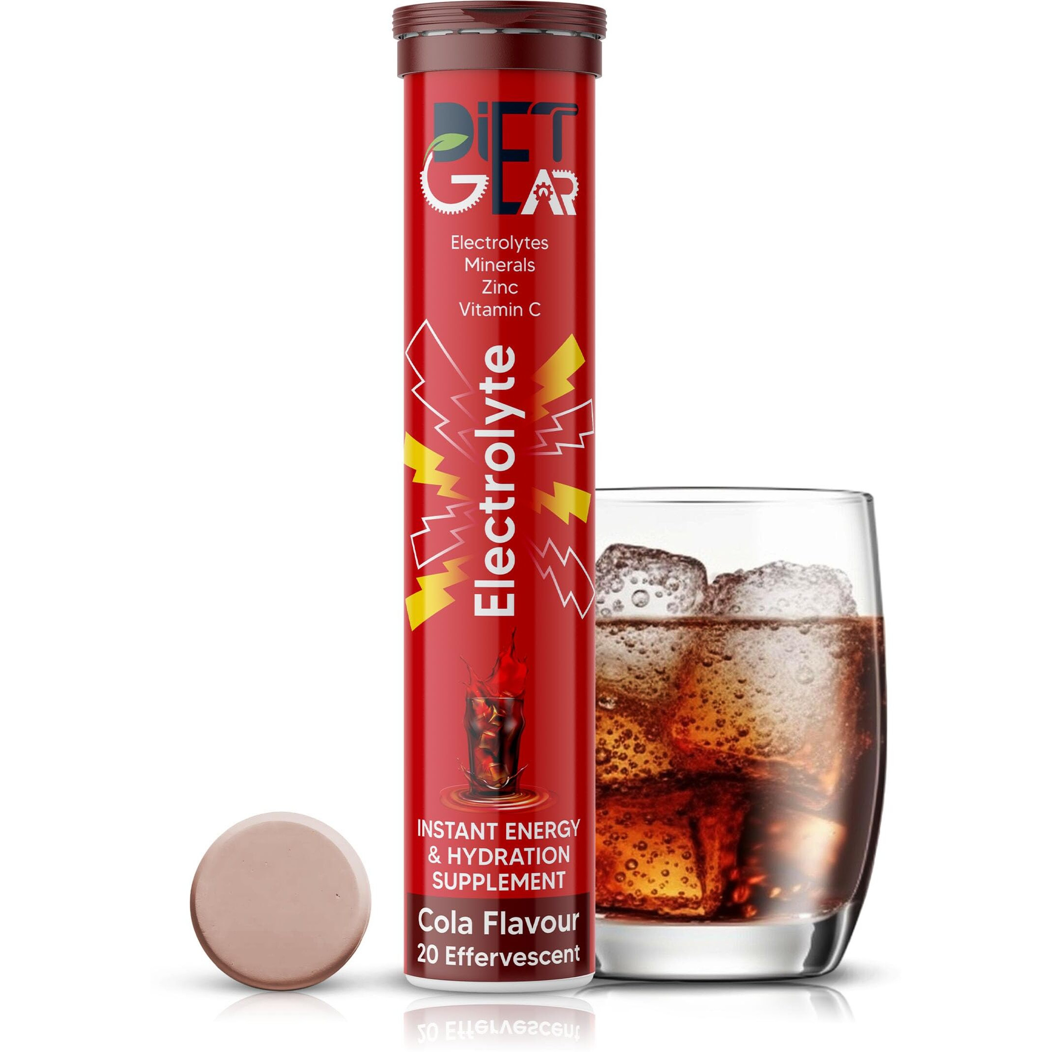 DIET GEAR Energy Drink Electrolytes 20 Effervescent Tablets (5 litre) Zero Sugar, Zero Caffeine| 7 Essential Electrolyte Salts (Na, K, Mg, Ca, Cl, Zn) + Vitamin C | Cola Flovor