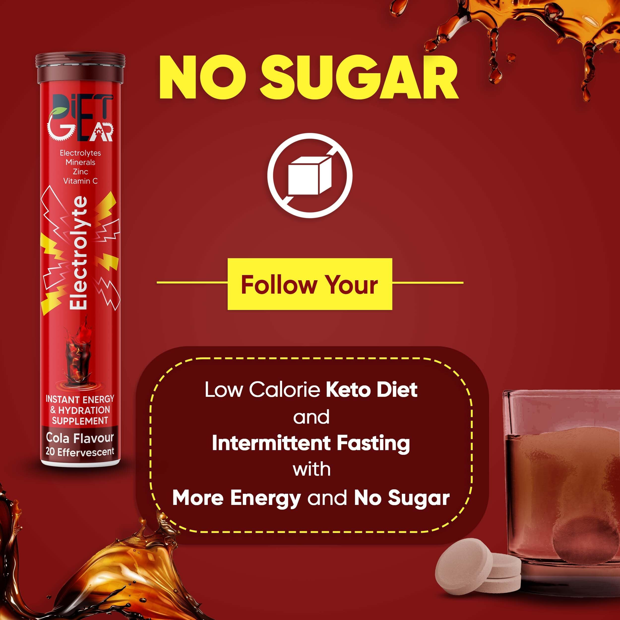 DIET GEAR Energy Drink Electrolytes 20 Effervescent Tablets (5 litre) Zero Sugar, Zero Caffeine| 7 Essential Electrolyte Salts (Na, K, Mg, Ca, Cl, Zn) + Vitamin C | Cola Flovor