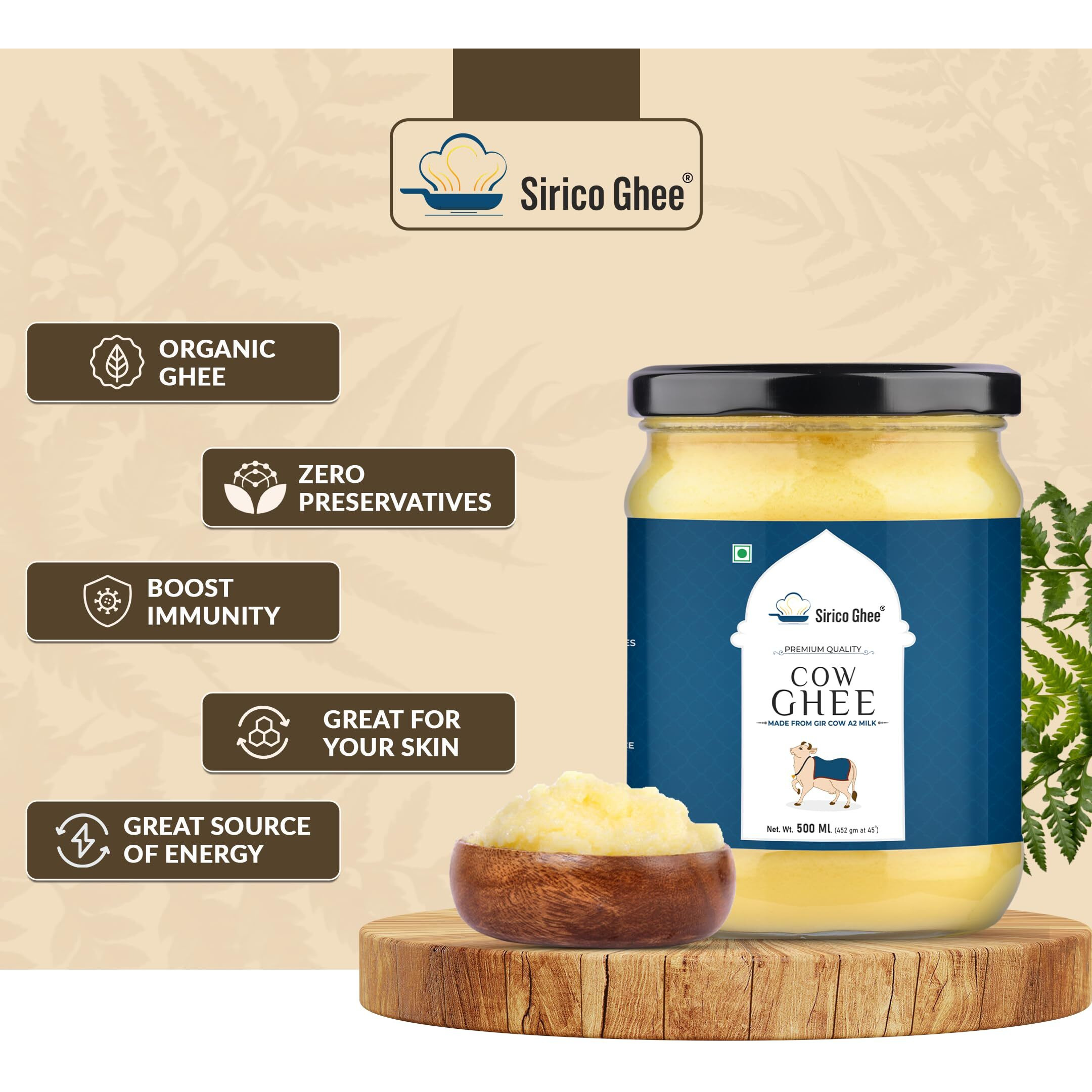 SIRICO GHEE Authentic A2 Desi Cow Ghee | Pure, Bilona, Gir Cow Ghee - Nutritious, and Delicious | Bilona cow ghee A2 | Desi ghee. (500 ML)