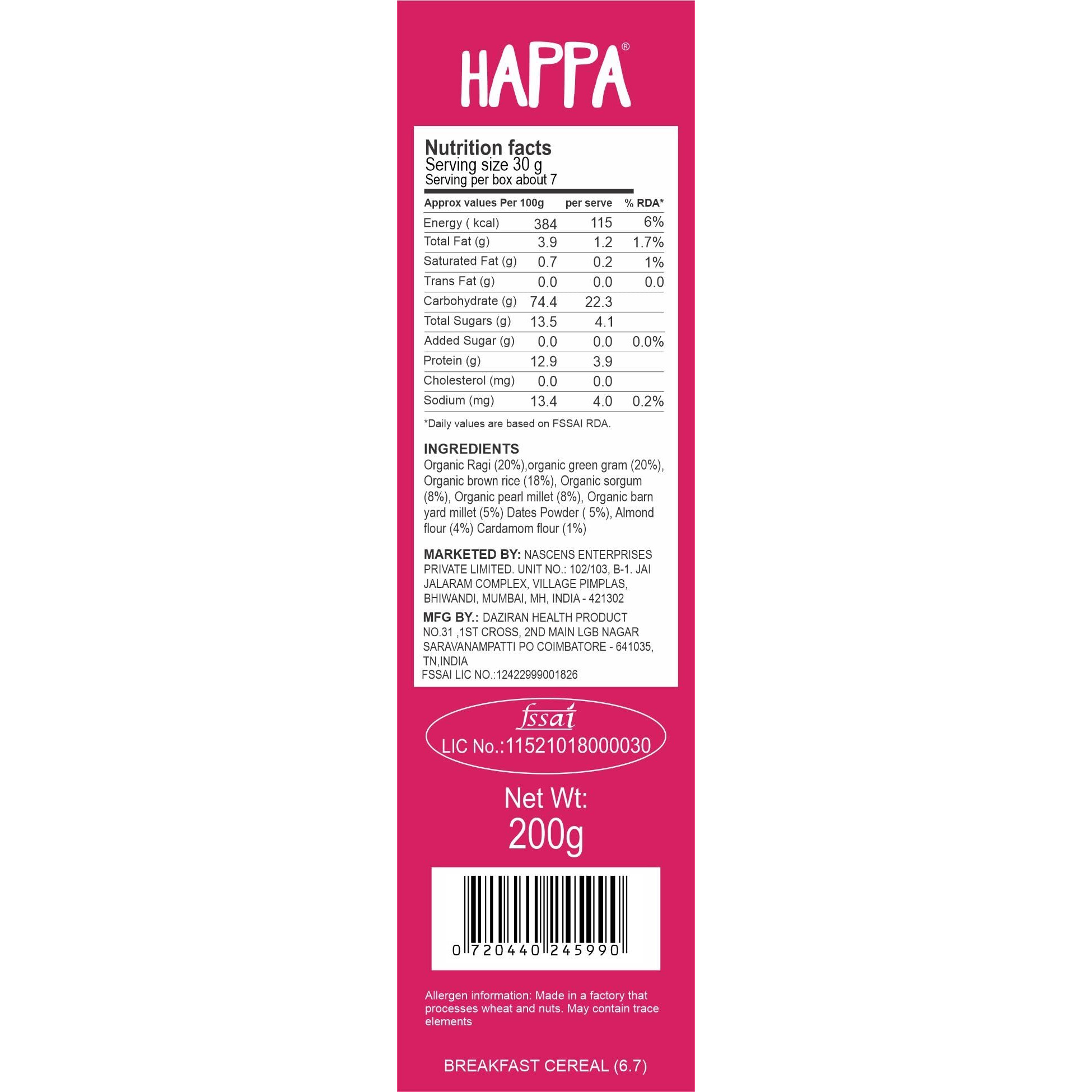 Happa Organic Baby Food Sathu Maavu | 100% Natural Multi-Grain Millets and Cereals Porridge Mix Khichdi| Instant Health Food | No Added Salt, Sugar or Milk | No preservatives | 200gm