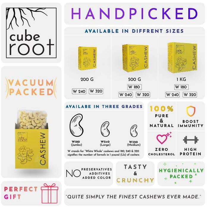 Cube Root 100% Natural Whole Cashews 200g, W240 Grade (Large size), Vacuum Pack, Dry Fruits