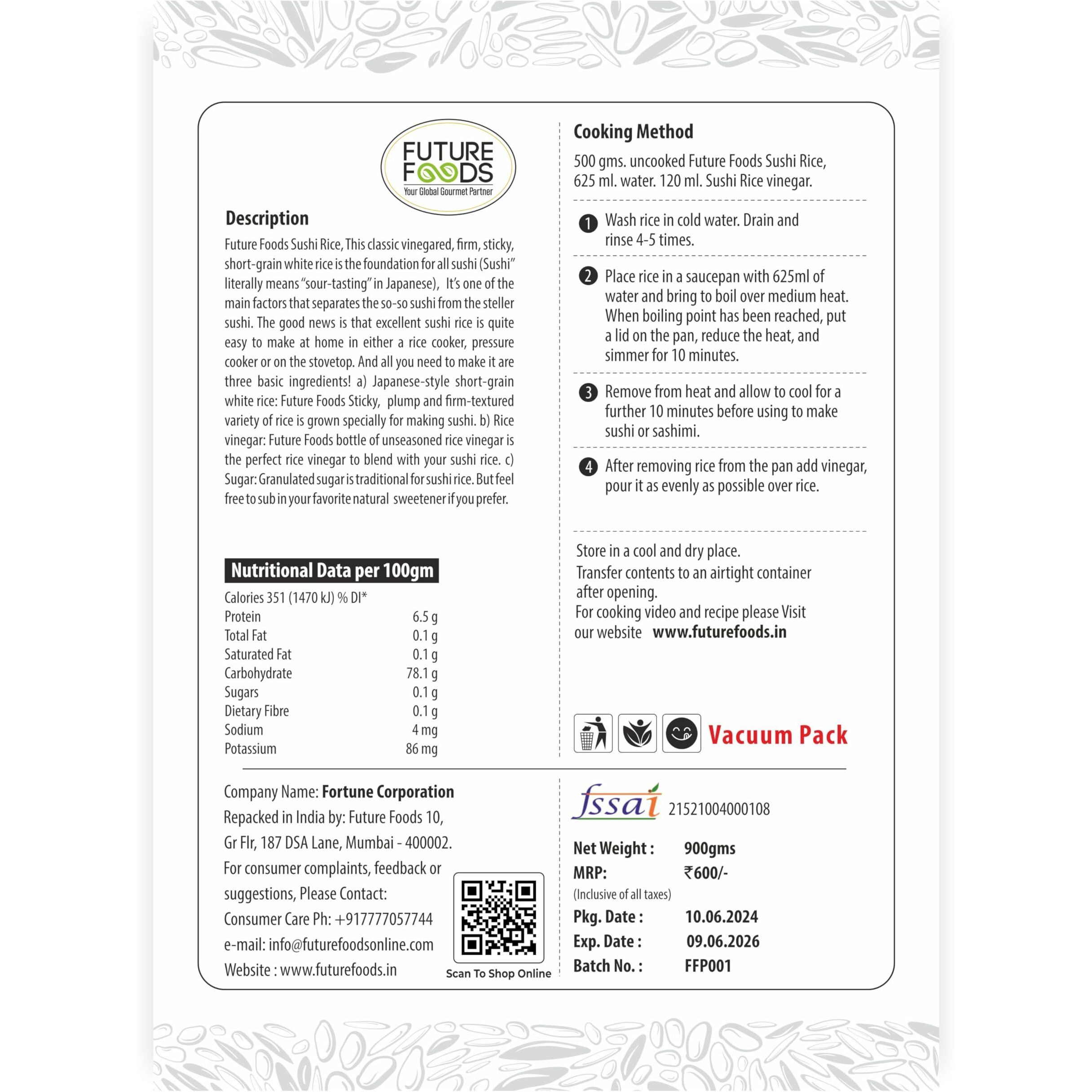 Future Foods Premium Japanese Sushi Rice|Short Grain|Healthy & Rich In Iodine|Sugar Free & Gluten Free|Cholesterol & Fat Free|Supports Digestion|Helps Boost Immune System|900 Gram